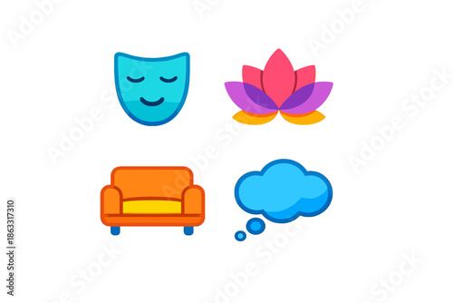 Four glowing icons representing theater, meditation, relaxation, and thoughts
