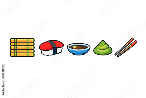 Sushi meal icons with chopsticks and condiments