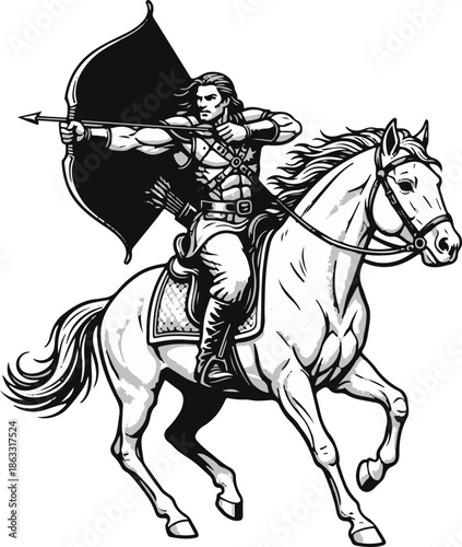 Male Archer Riding Horse Silhouette with Bow and Arrow