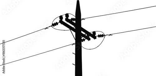 Electric utility power pole vector illustration with ceramic insulators and overhead wires isolated on white background industrial electricity infrastructure