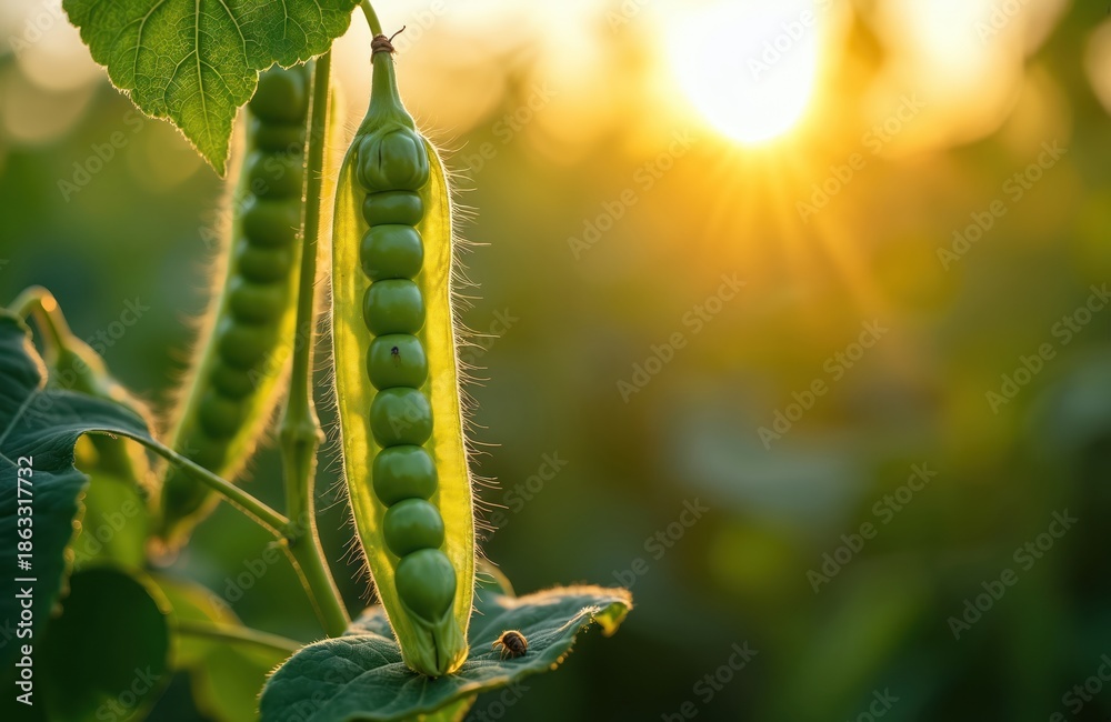 Fototapeta premium Close-up of ripening green soybean pods growing in field. Sunlight shines through translucent pods revealing seeds. Agriculture, healthy food concept, organic farming, rural scene.