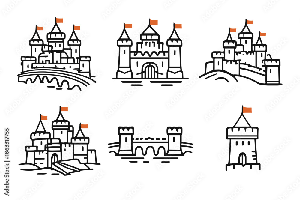 Fototapeta premium Set of stylized castle icons with orange flags