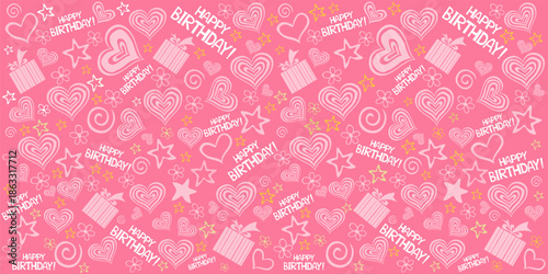 Happy birthday! Holiday pattern. Celebration background with gift box, star, heart. Seamless background pattern. Good for textile fabric design, wrapping paper, website wallpapers, textile. Vector