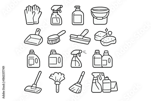 Set of cleaning supplies icons on a grey background