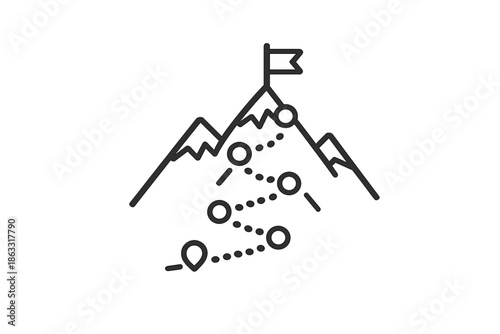 Mountain climbing route with flag on peak
