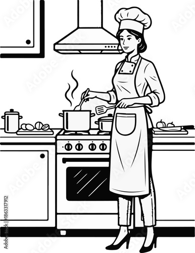 Woman Cooking in Kitchen Silhouette Vector Illustration Black White