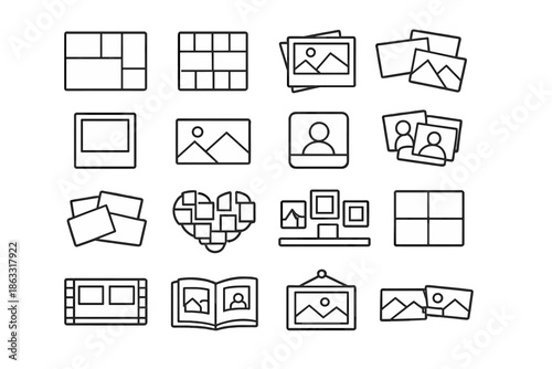 Photo collage and frames icons on a gray gradient background