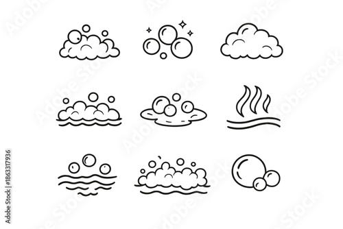 Set of nine bubble and steam icons on a grey background