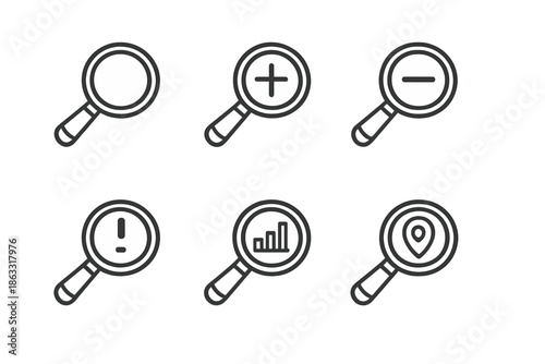 Set of Magnifying Glass Icons with Different Symbols