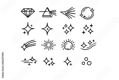 Collection of line art icons representing stars, light, and celestial objects