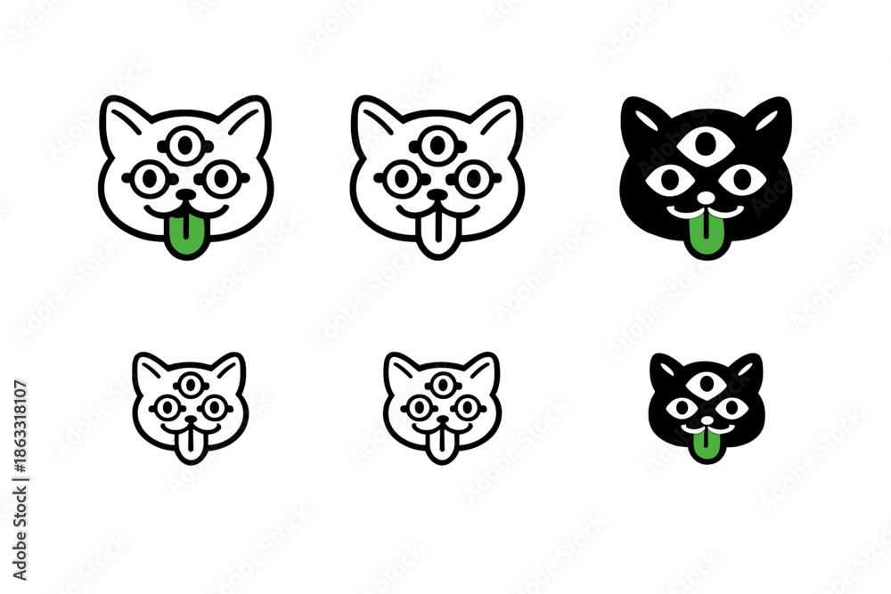Obraz premium Cute Three-Eyed Cat Stickers with Tongue Out