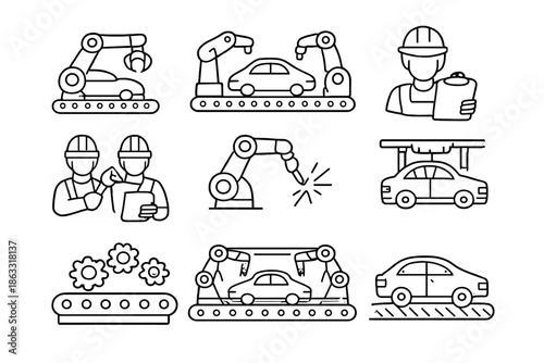 Car assembly line icons set