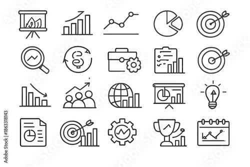 Business analytics and finance icon set on a gradient background