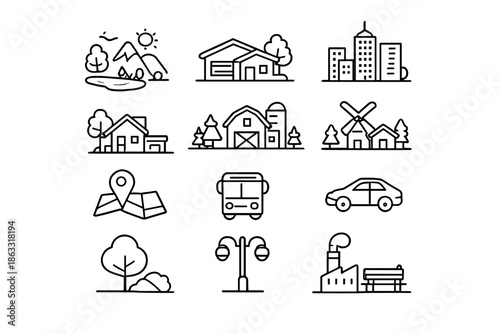 Set of Line Icons Representing Different Landscapes and Buildings