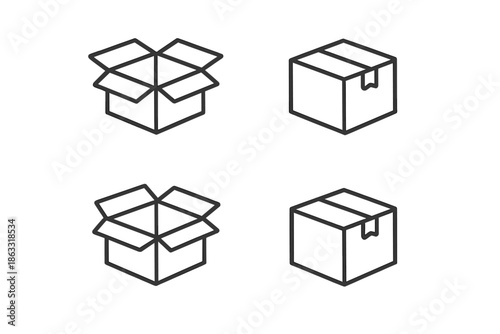 Set of line art cardboard box icons on gray background