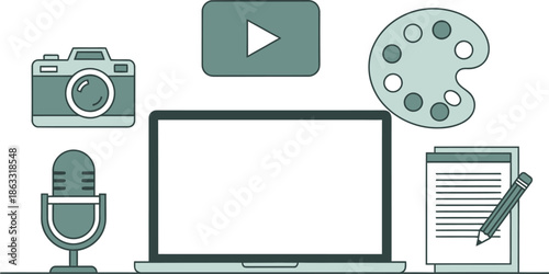 An illustration of various digital and creative tools including a camera, microphone, video player icon, paint palette, laptop, notepad, and pencil, representing content creation and multimedia work.