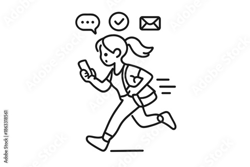 Woman rushing while looking at phone with notifications