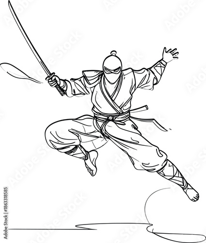 Japanese ninja fighter martial arts pose hand drawn ink style high resolution vector