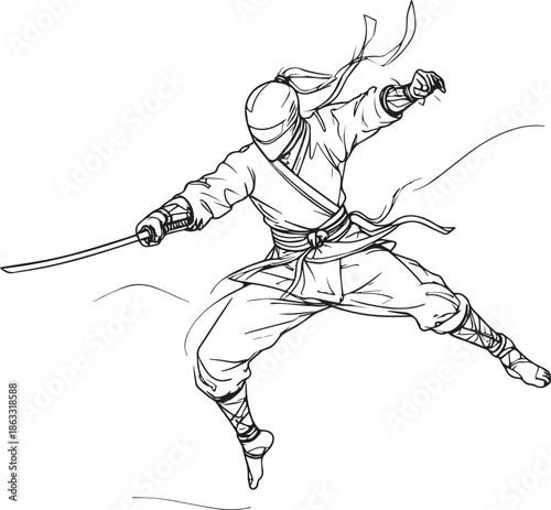 Dynamic ninja sword attack pose clean black outline illustration high resolution image