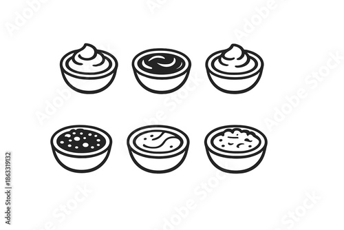 Set of Six Icons Representing Different Dips or Sauces