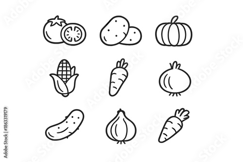 Set of 9 stylized line art vegetable icons on a grey background