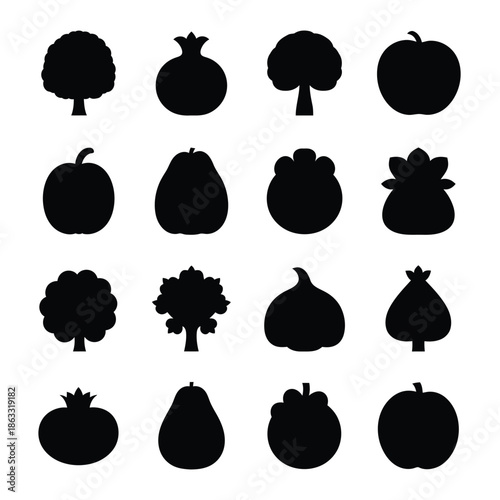 A collection of sixteen black silhouettes of various fruits and trees arranged in a grid pattern on a white background