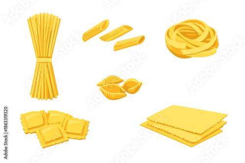 Various Italian pasta shapes glowing with golden light