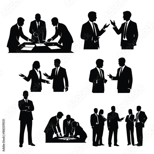 Corporate teamwork and collaboration illustrated through various silhouetted business professionals interacting and working together