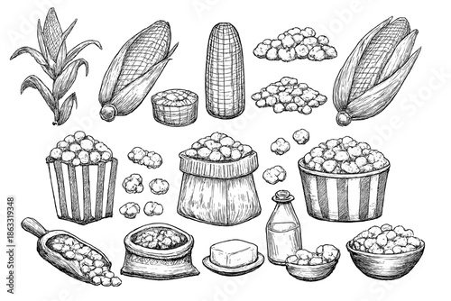 Hand-Drawn Corn and Popcorn Assortment