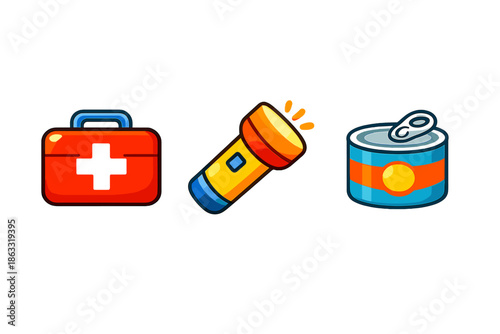 Survival kit icons: first aid, flashlight, and canned food