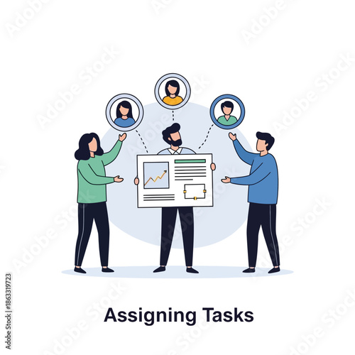 Team members collaborating and assigning tasks in a modern office environment from a straightforward viewpoint