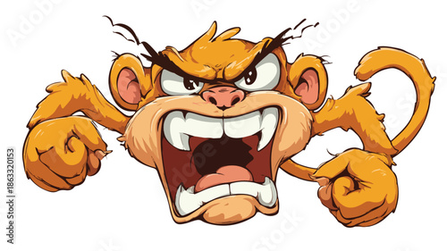 Fierce Angry Monkey Cartoon on White Background Vector with Outline