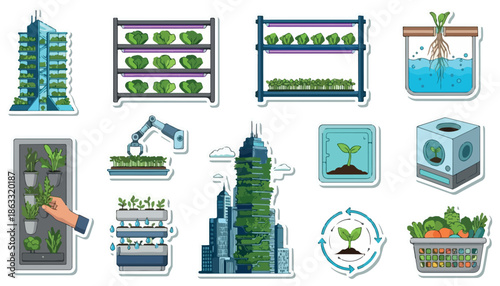 Urban farming and sustainable agriculture concept with various illustrations