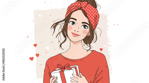 Happy Girl Holding Gift Box Vector Illustration with Outline
