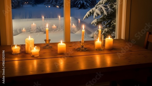 Cozy winter scene with candles on a wooden table by snowy window