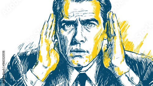 Close-Up of Businessman Listening Carefully with Hand on Ear Vector Illustration