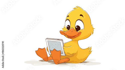 Adorable Cartoon Duck Holding Phone and Tablet Vector Illustration with Outline