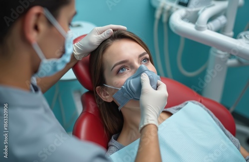 Dentist applies inhalation mask to woman in dental chair. Patient receives anesthesia for dental procedure. Doctor prepares for oral surgery or treatment in clinic.
