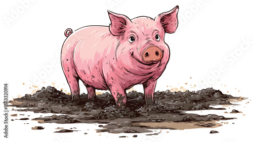 Funny Pig Cartoon Standing in Mud Vector Illustration with Outline