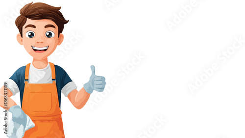 Professional Cleaning Service Boy Giving Thumbs Up Vector Illustration