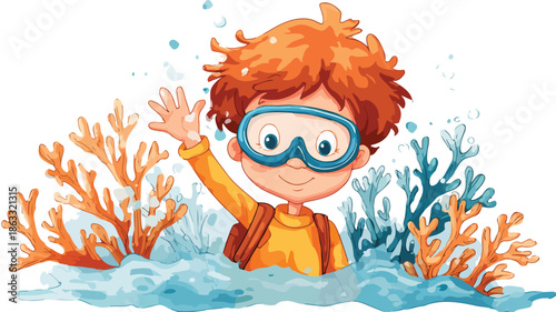 Adorable Boy Snorkeling and Waving Vector Illustration on White Background