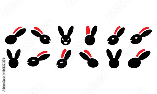 Playful bunny faces with red ears on white background