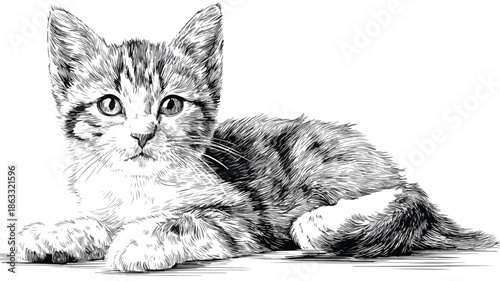 Adorable Sitting Kitten in Outline Vector on White Background