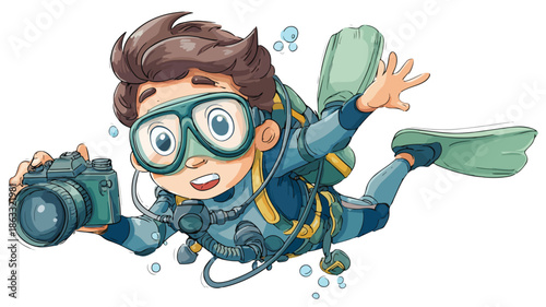 Professional Diver Boy Holding Camera on White Background Vector Illustration