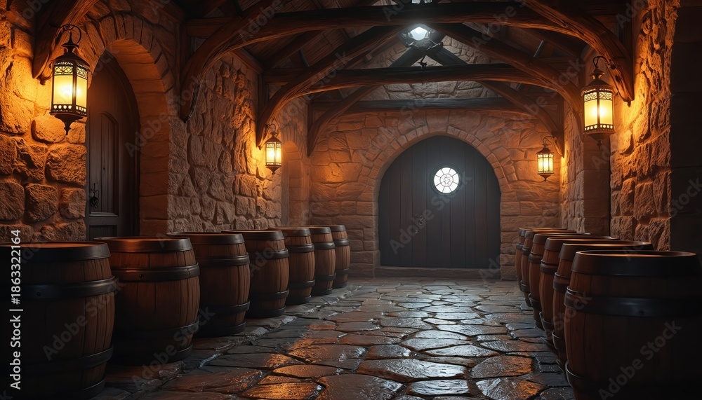 Obraz premium Old stone cellar with wooden barrels lined up against rough walls. Warm lanterns cast an inviting glow on the aged atmosphere. Rustic interior evokes a sense of history and tradition.