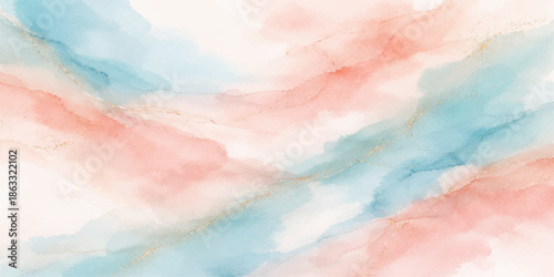 Abstract watercolor hand painted background with soft blue sky, white clouds, gentle sunlight, and bright airy texture