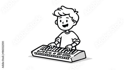 Joyful Young Musician Playing Synthesizer in Vector Illustration with Outline Isolated Design