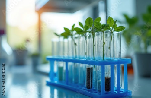 Green plants grow in test tubes on lab bench, agricultural science, biotech research. Researchers study plant health, development using scientific equipment. Shows future food production.
