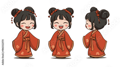 Smiling Chinese Girl Cartoon Vector with Outline Isolated on White Background