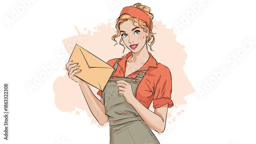 Professional Postgirl Posing and Holding Envelope Vector with Outline Isolated